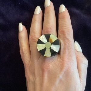 Large wooden based w/ mother of pearl & black resin inlay design cocktail  ring.